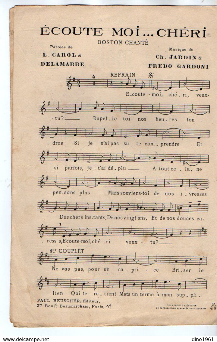 VP19.228 - PARIS - Ancienne Partition Musicale ¨ Ecoute Moi ... Chéri ¨ Par Colette BETTY / Paroles De CAROL & DELAMARE - Scores & Partitions