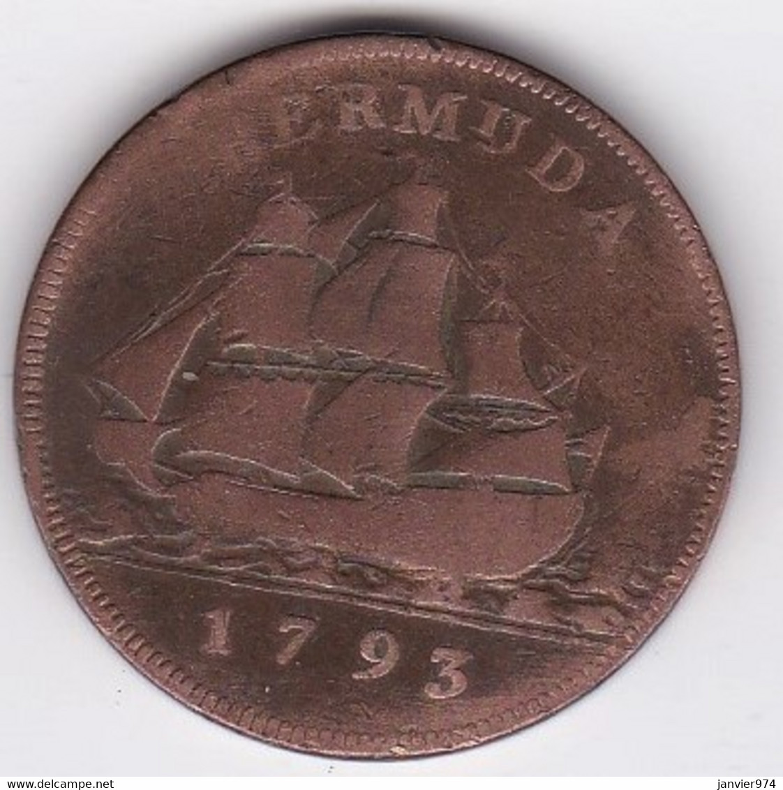 Bermuda Bermudes 1 Penny 1793 George III, En Cuivre , KM# 5. Navire, 3 Mats - Bermuda