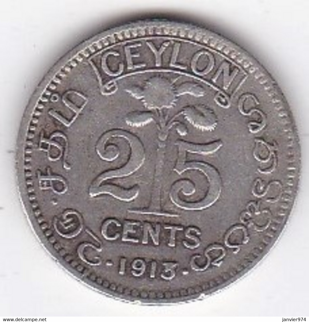 Ceylon 25 Cents 1913 , George V, En Argent, KM# 105 - Sri Lanka