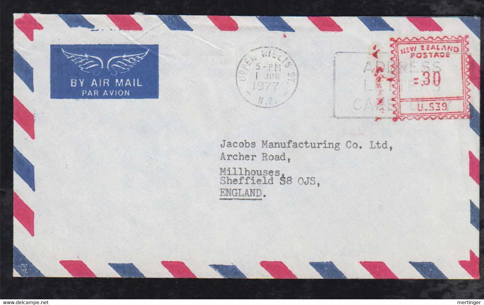 New Zealand 1977 Meter Airmail Cover 30c UPPER HILLIS To Sheffield England - Brieven En Documenten