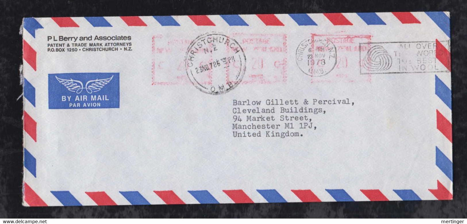 New Zealand 1978 Meter Airmail Cover 3x 20c Christchurch To Manchester England - Covers & Documents