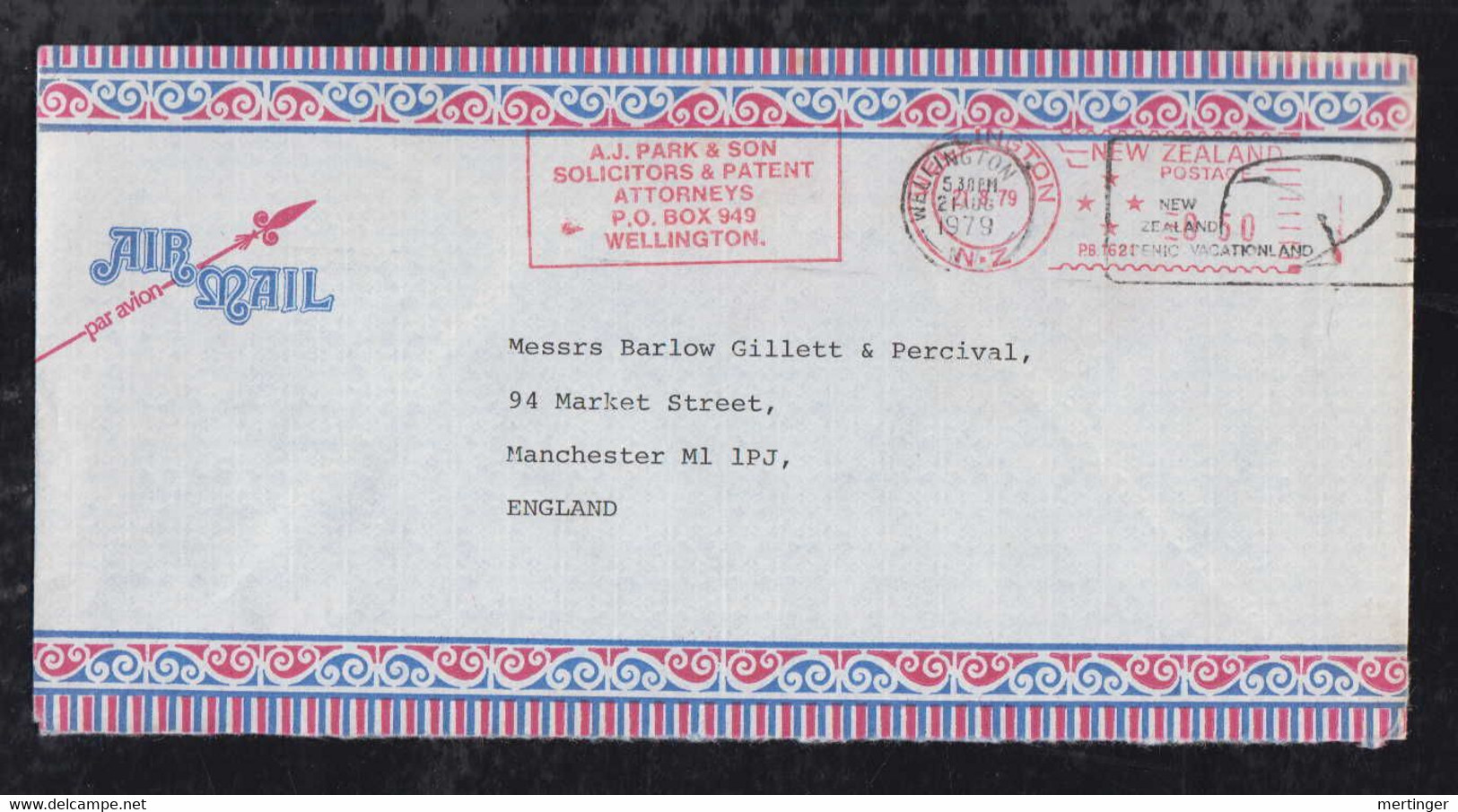 New Zealand 1979 Meter Airmail Cover 50c WELLINGTON To MANCHESTER England Park & Son - Brieven En Documenten