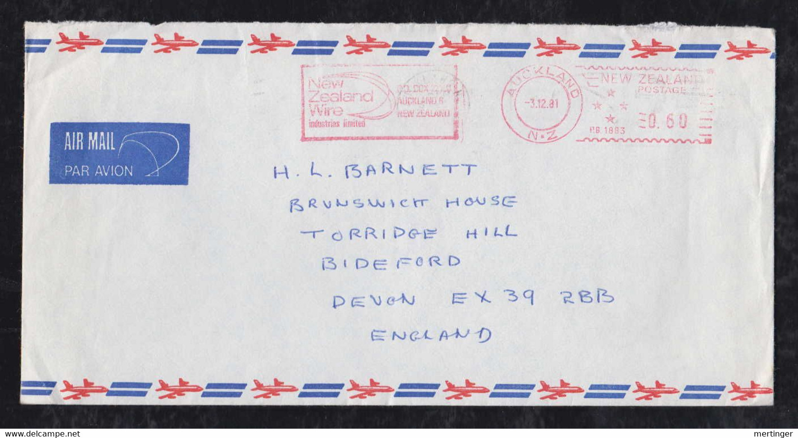 New Zealand 1981 Meter Airmail Cover $0,60 Auckland To Bideford England New Zealand Wire Advertising - Covers & Documents