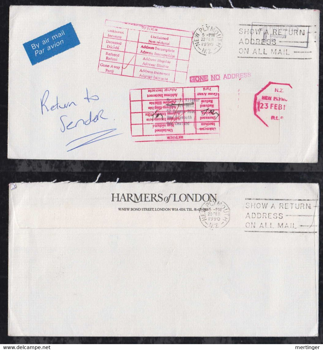 New Zealand 1990 From LONDON To NEW PLYMOUTH Returned To Sender - Lettres & Documents