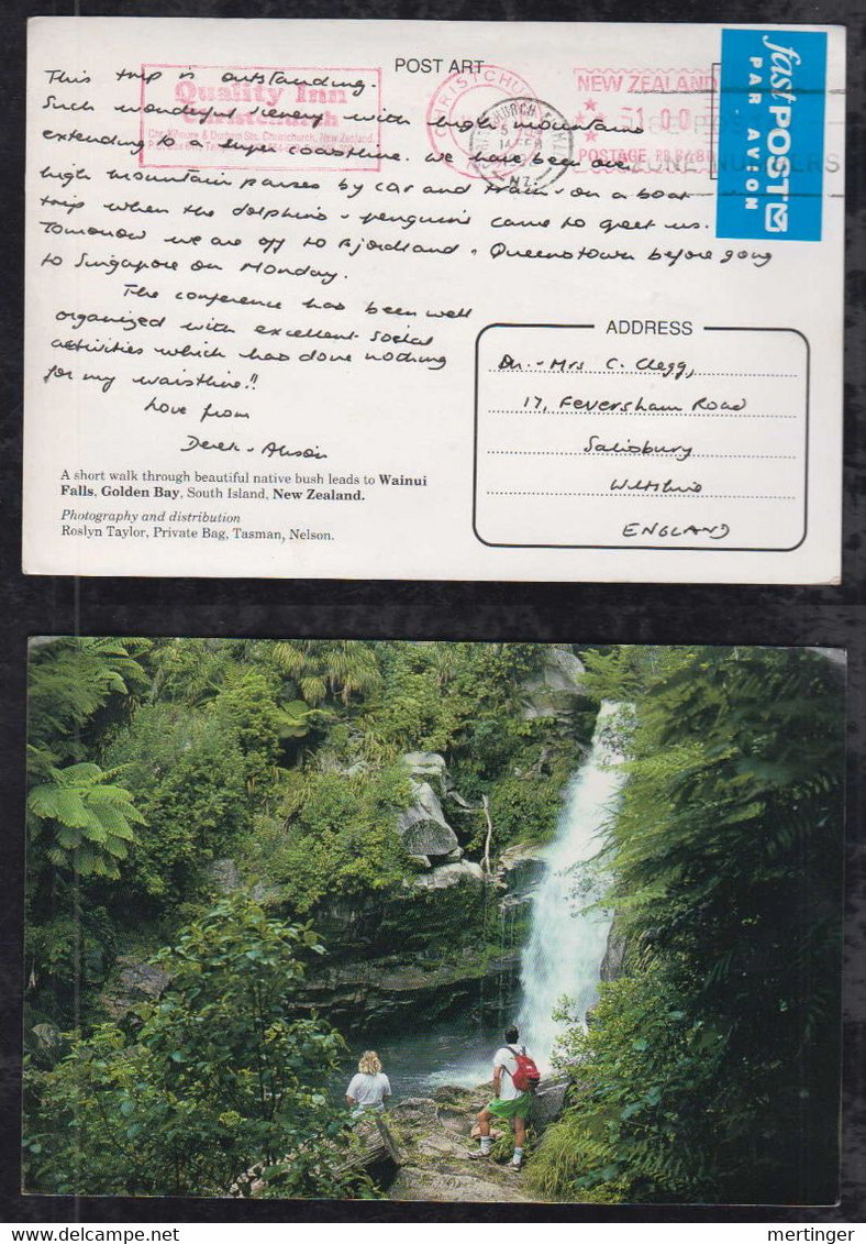 New Zealand 1992 Meter Picture Postcard Quality Inn Christchurch Postmark To Salisbury England - Covers & Documents