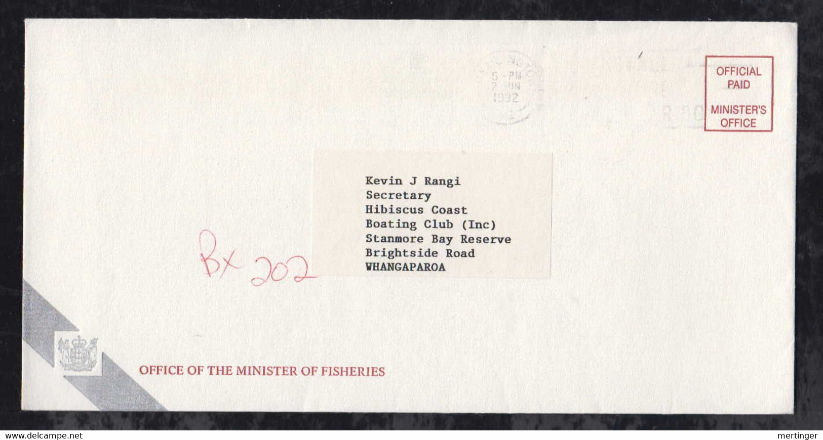 New Zealand 1992 Cover OFFICIAL PAID Minister Of Fishers WELLINGTON To WHANGAPAROA - Briefe U. Dokumente