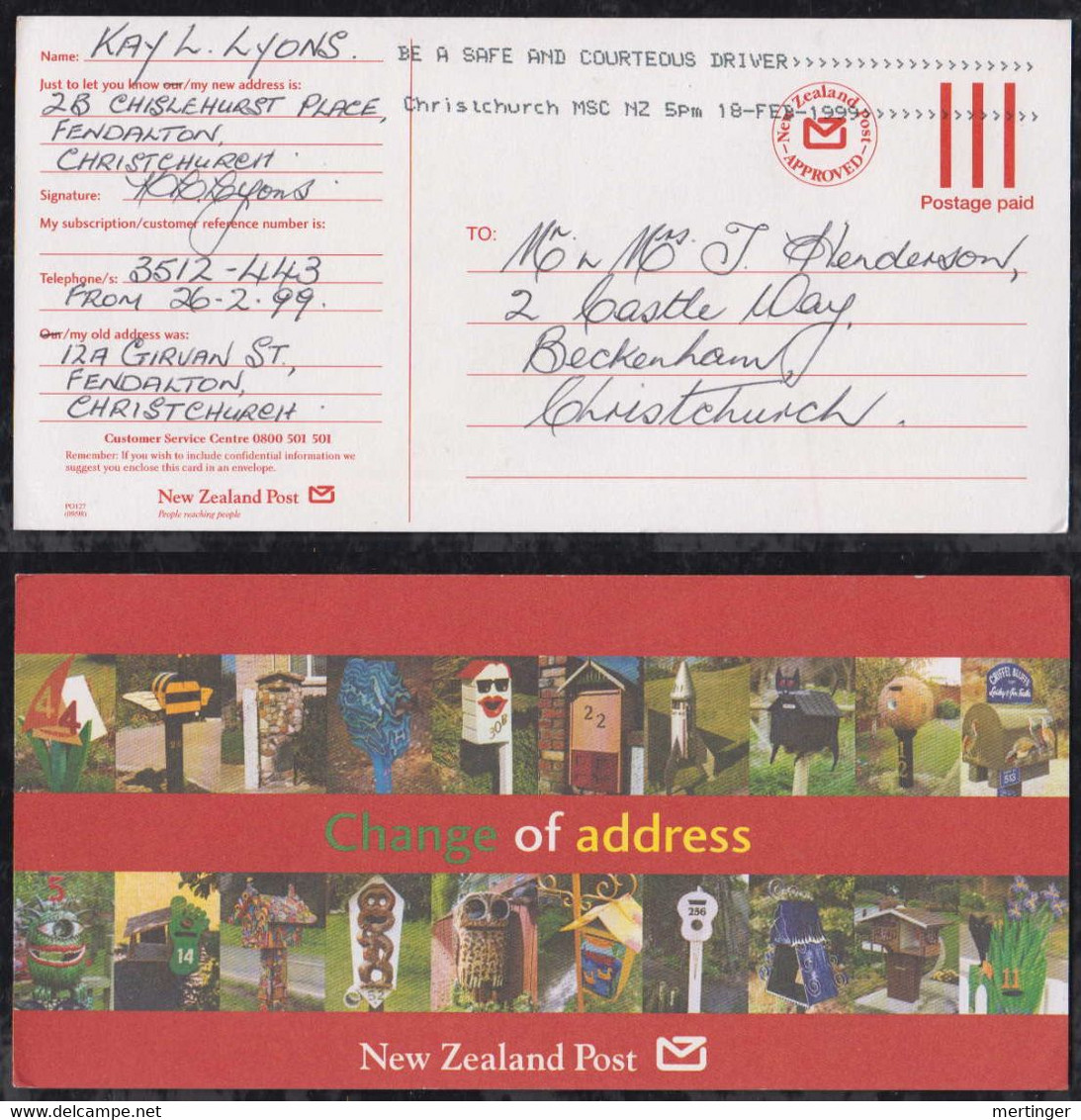 New Zealand 1999 Stationery Moving Postcard Used Christchurch Change Of Address - Briefe U. Dokumente