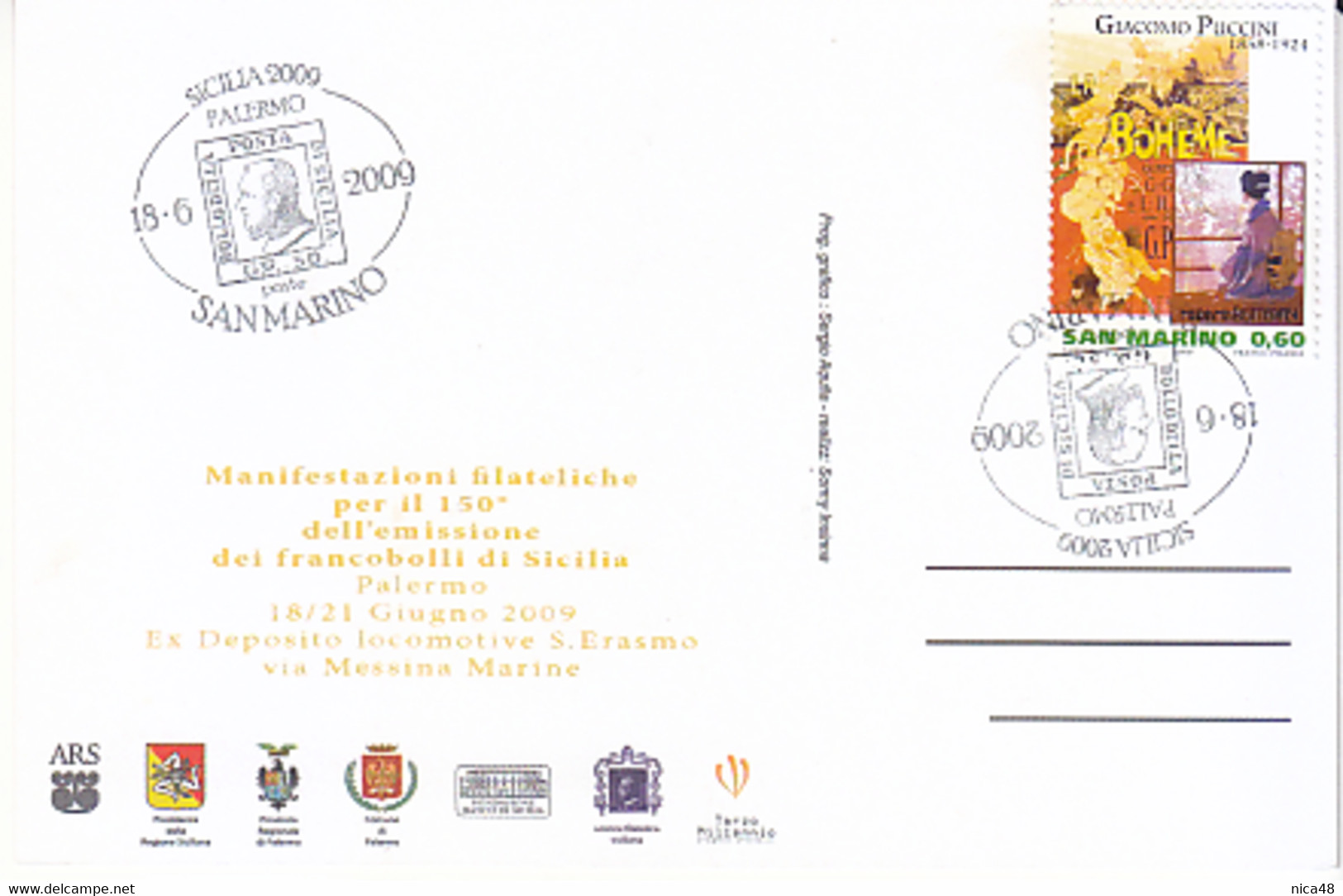 Annullo Speciale S. Marino Utilizzato Per 150° Anniversario  Emissione Francobolli Di Sicilia Palermo 18.6.2009 - Storia Postale