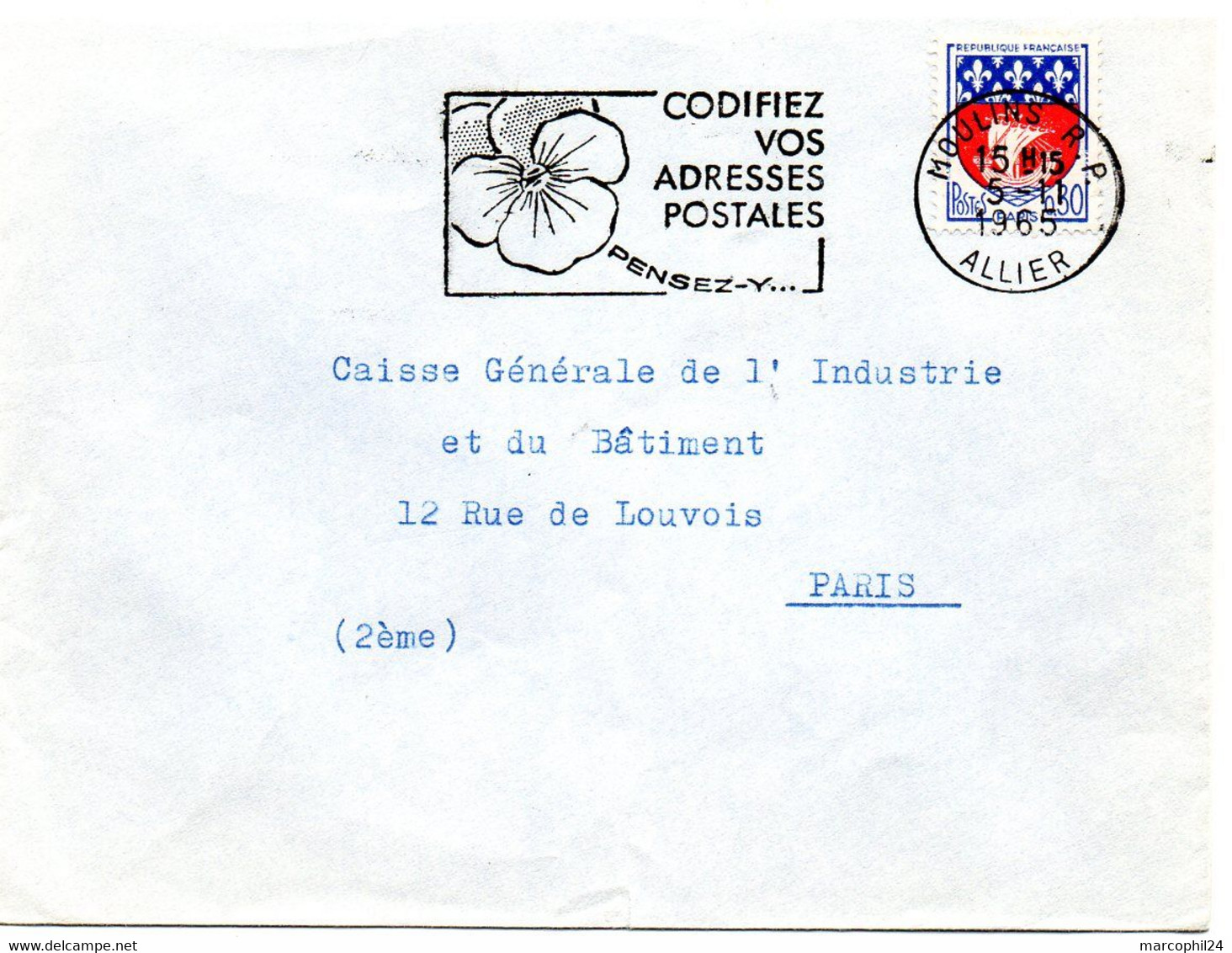 ALLIER - Dépt N° 03 = MOULINS RP 1965 = FLAMME Non Codée =  SECAP Multiple ' PENSEZ + CODIFIEZ' = Pensée N° 1 - Zipcode