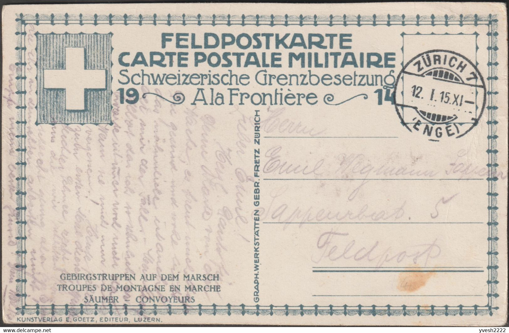 Suisse 1914. Carte Postale De Franchise Militaire. Troupes De Montagne En Marche, Convoyeurs. Premier De Cordée, Piolet - Bergen