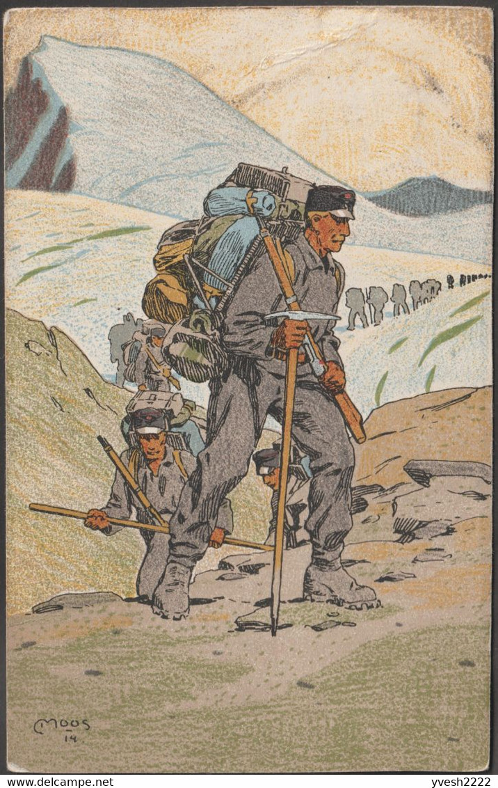 Suisse 1914. Carte Postale De Franchise Militaire. Troupes De Montagne En Marche, Convoyeurs. Premier De Cordée, Piolet - Berge