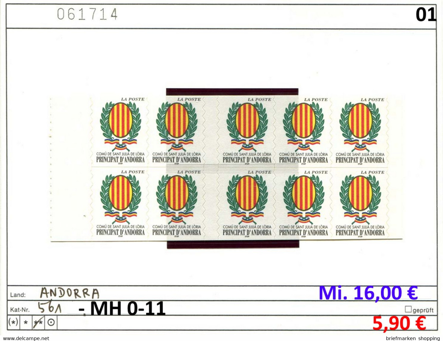 Andorra 2001 - Andorre Francaise 2001 - Michel 561 Im Kpl. MH-011 -  ** Mnh Neuf Postfris - Carnet / Booklet - Carnets