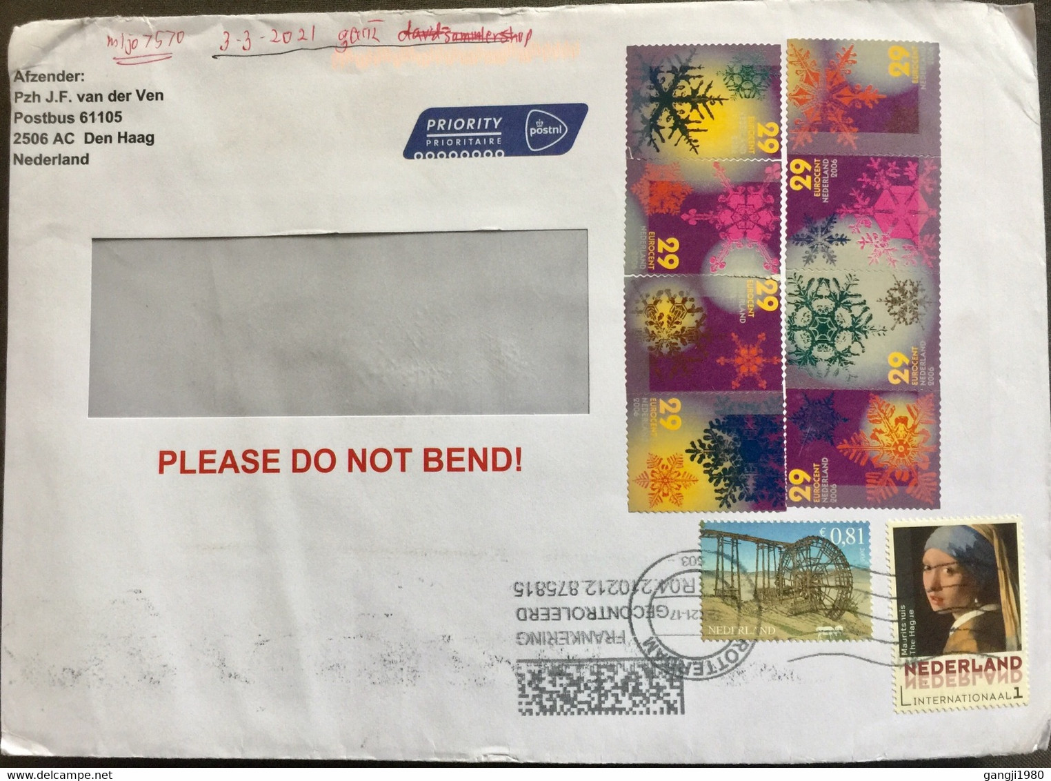 NEDERLAND 2021, USED COVER TO INDIA 10 STAMPS 8 STAMPS SELF ADHESIVE MINT WITHOUT CANCELLATION 2.30€ WOMAN ,ART, GEOMAT - Cartas & Documentos