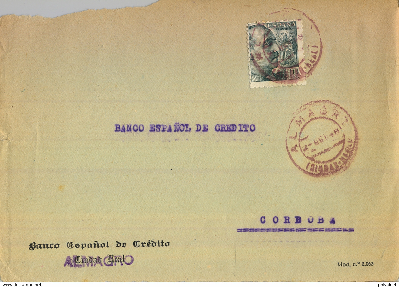 1948 CIUDAD REAL , FRONTAL DEL BANCO ESPAÑOL DE CRÉDITO DE ALMAGRO CIRCULADO A CÓRDOBA - Lettres & Documents