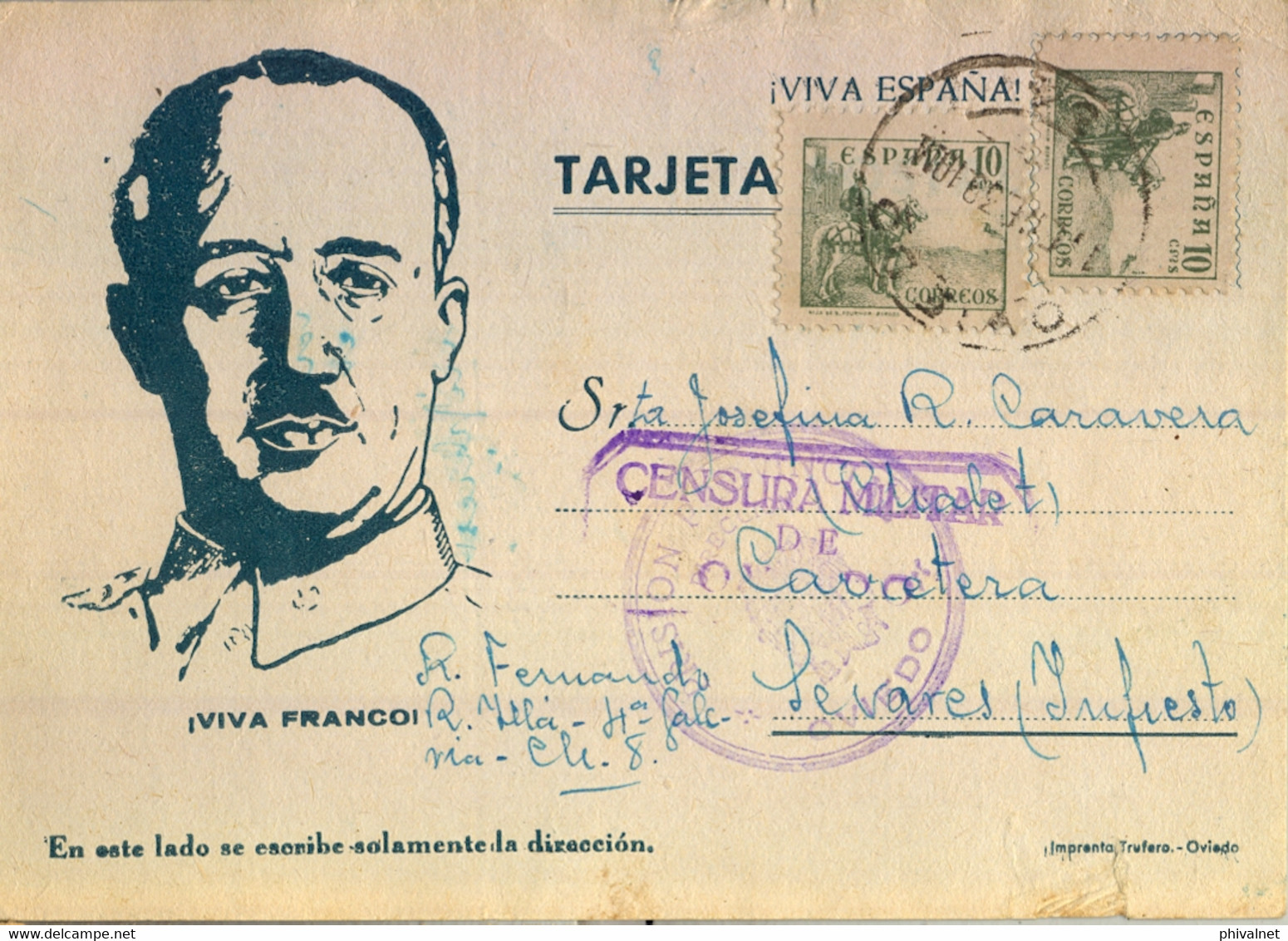 1939 , ASTURIAS , T.P. PATRIÓTICA CIRCULADA A SEVARES , PRISIÓN PROVINCIAL DE OVIEDO / DIRECCIÓN , CENSURA MILITAR - Brieven En Documenten