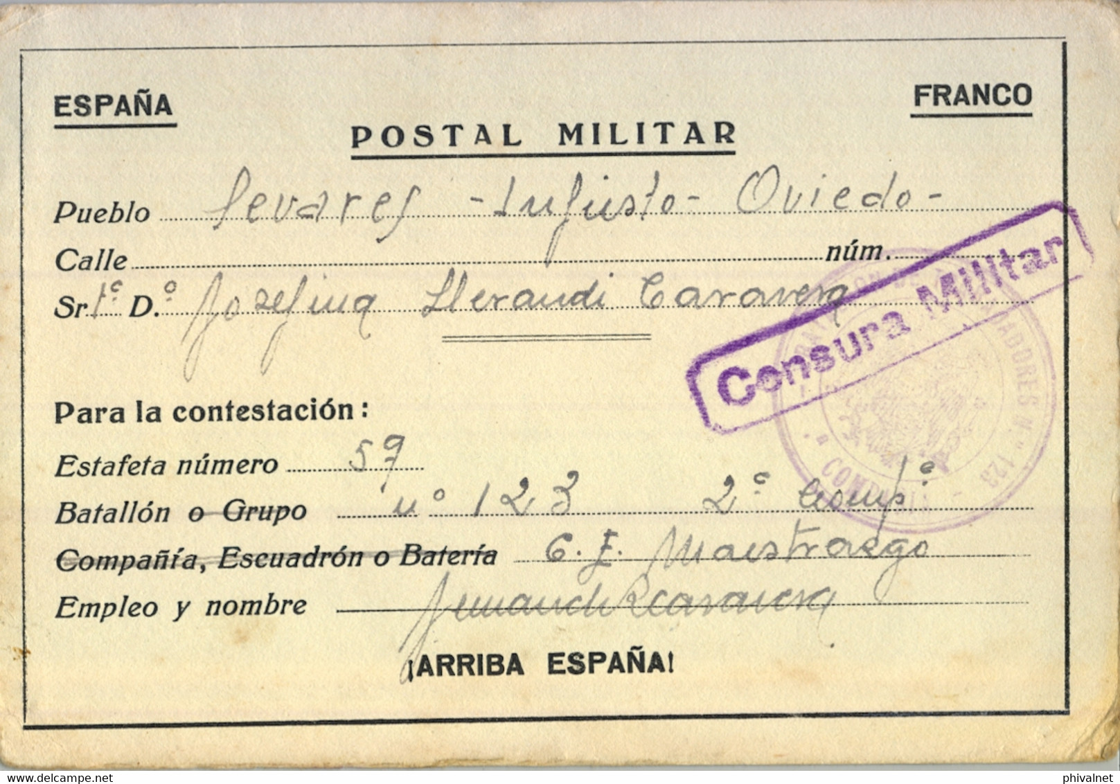 1939 , T.P. MILITAR CIRCULADA A SEVARES / INFIESTO , CENSURA MILITAR , FRANQUICIA BATALLÓN DE TRABAJADORES Nº 123 / 2ª C - Brieven En Documenten