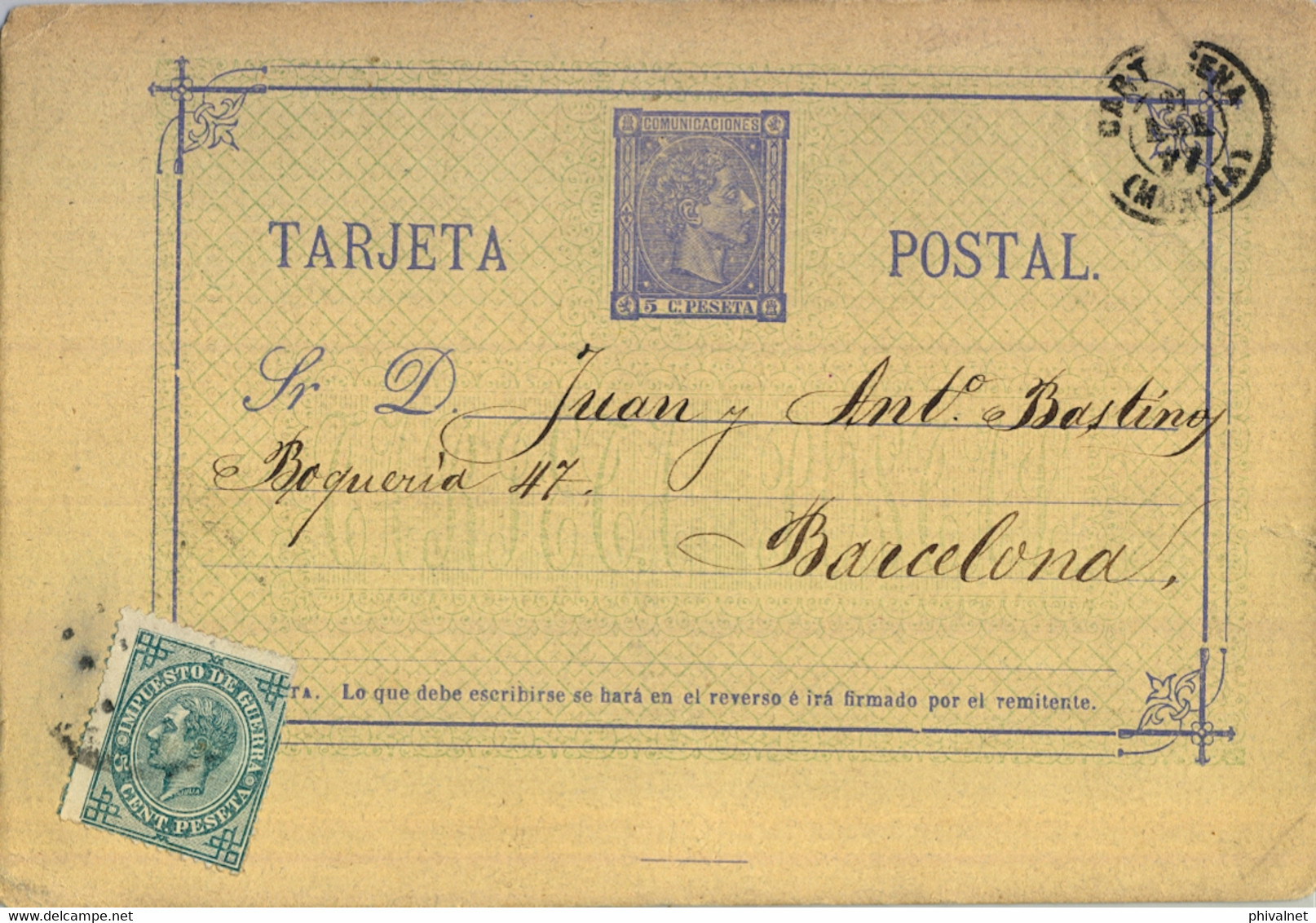 1877 MURCIA , CARTAGENA - BARCELONA , ENTERO POSTAL CIRCULADO , ED. 8 , IMPUESTO DE GUERRA - 1850-1931