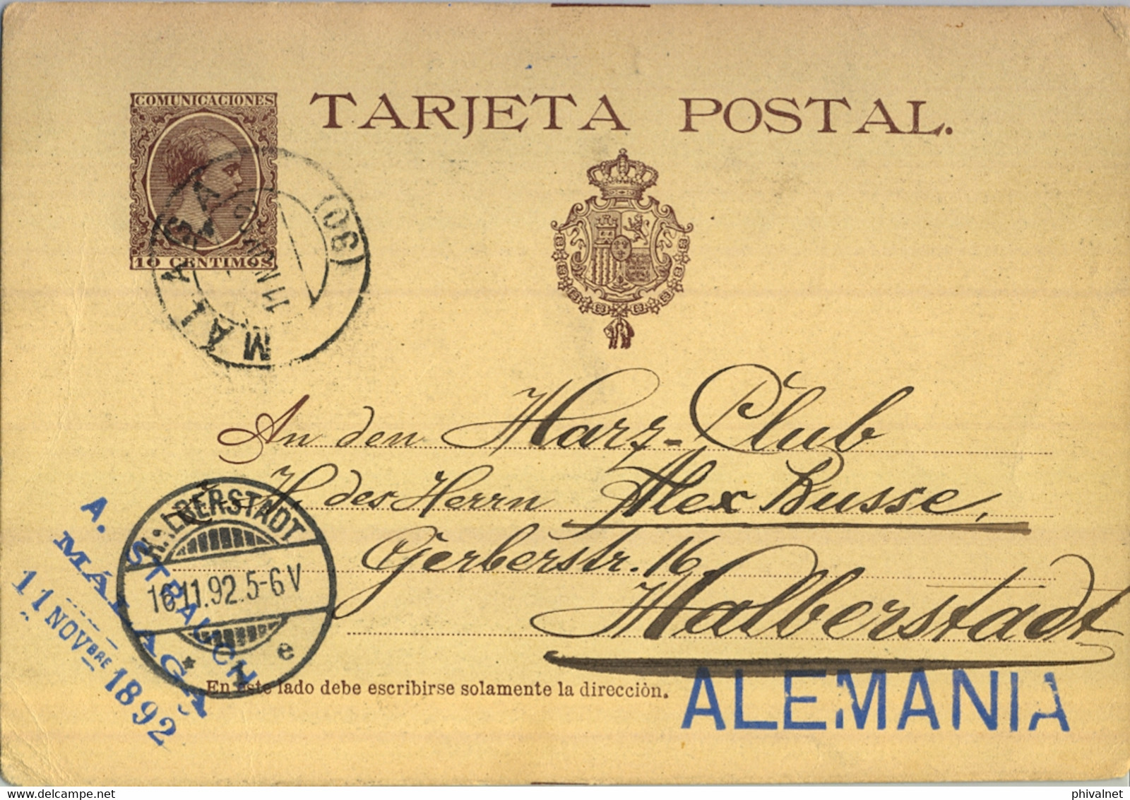 1892 MÁLAGA , ENTERO POSTAL ED. 27 CIRCULADO A HALBERSTADT , LLEGADA - 1850-1931
