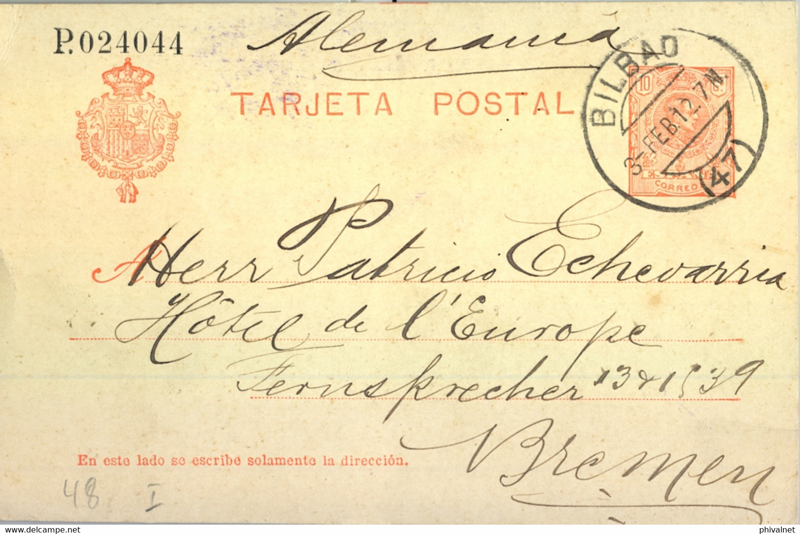 1912 VIZCAYA , ENTERO POSTAL ED. 49 CIRCULADO , BILBAO - BREMEN - 1850-1931