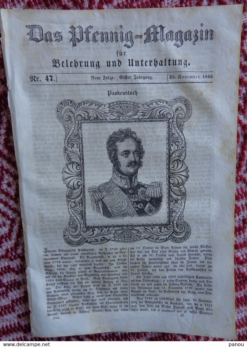 DAS PFENNIG MAGAZIN Nr 47.  25 November 1843. Iwan Fjodorowitsch Paskewitsch - Sonstige & Ohne Zuordnung