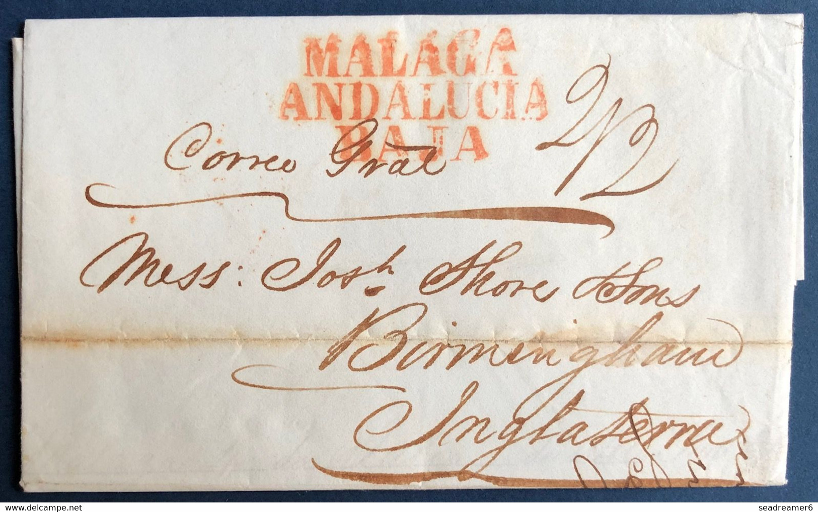 ESPAGNE Lettre 08/08 1840 De MALAGA Griffe Rouge " MALAGA ANDALUCIA BAJA " Pour Angleterre + Manuscrit "Correo Gral" SUP - ...-1850 Vorphilatelie