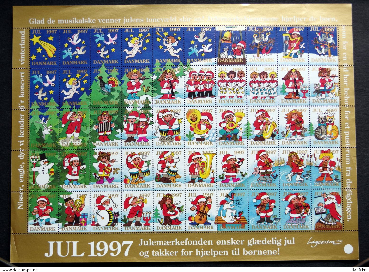 Denmark 1997 Christmas Seal  Angels; Birds; Music  MNH ( **)  Full Sheet  Unfolded - Full Sheets & Multiples