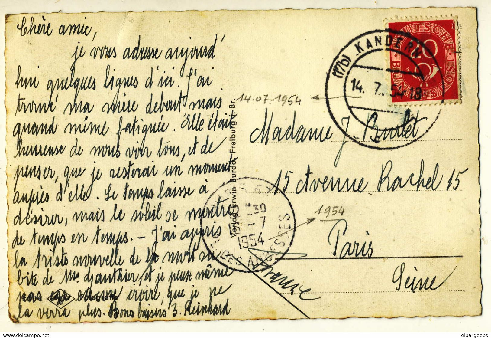 Kandern Schwarzwald... Cachet Kandern 14-07-1954 - Kandern