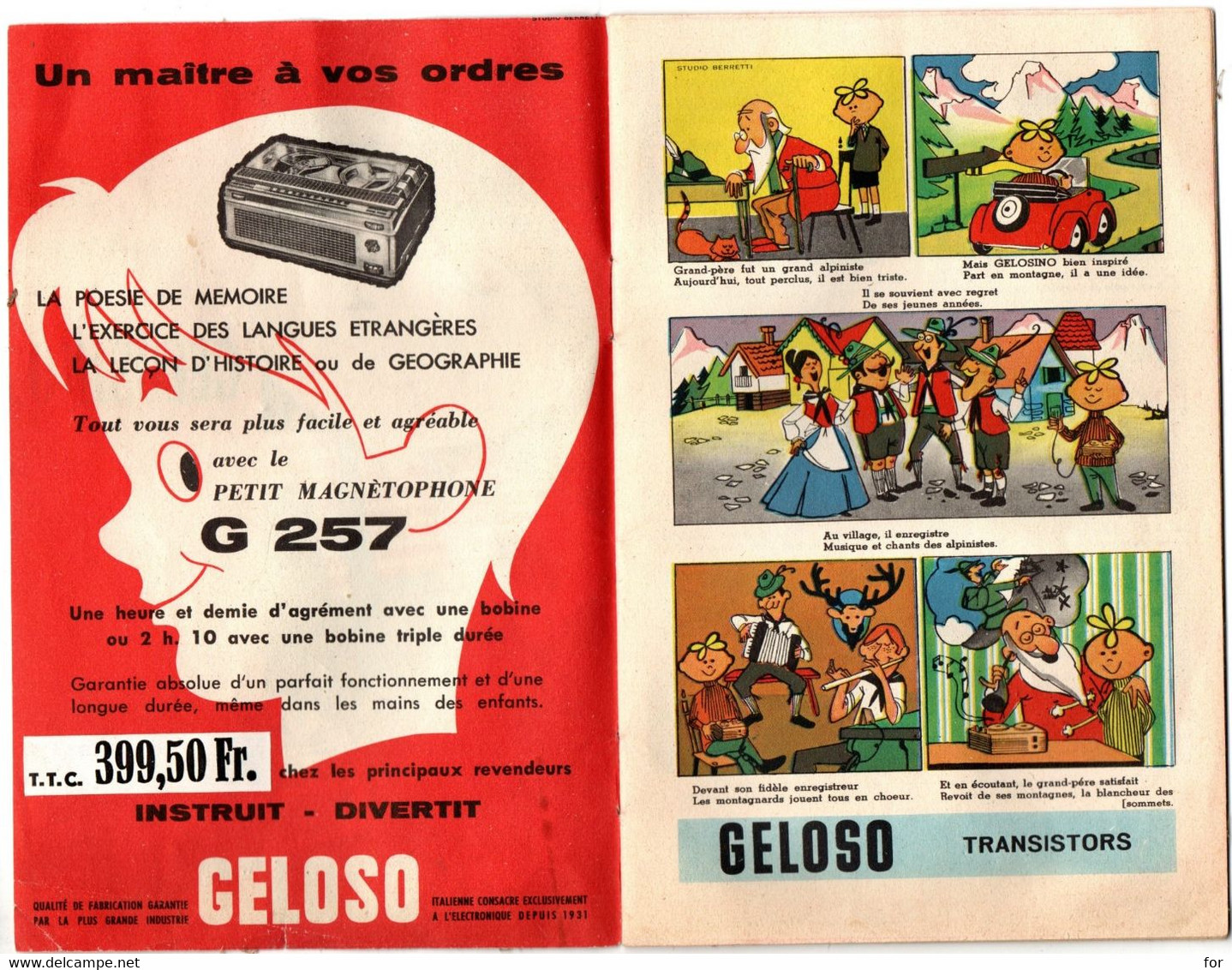 Publicité : Gelosino : Les Aventures De Gelosino : BD : Dépliant Publicitaire : Transistor - émetteurs - Téléviseurs - - Libri & Schemi