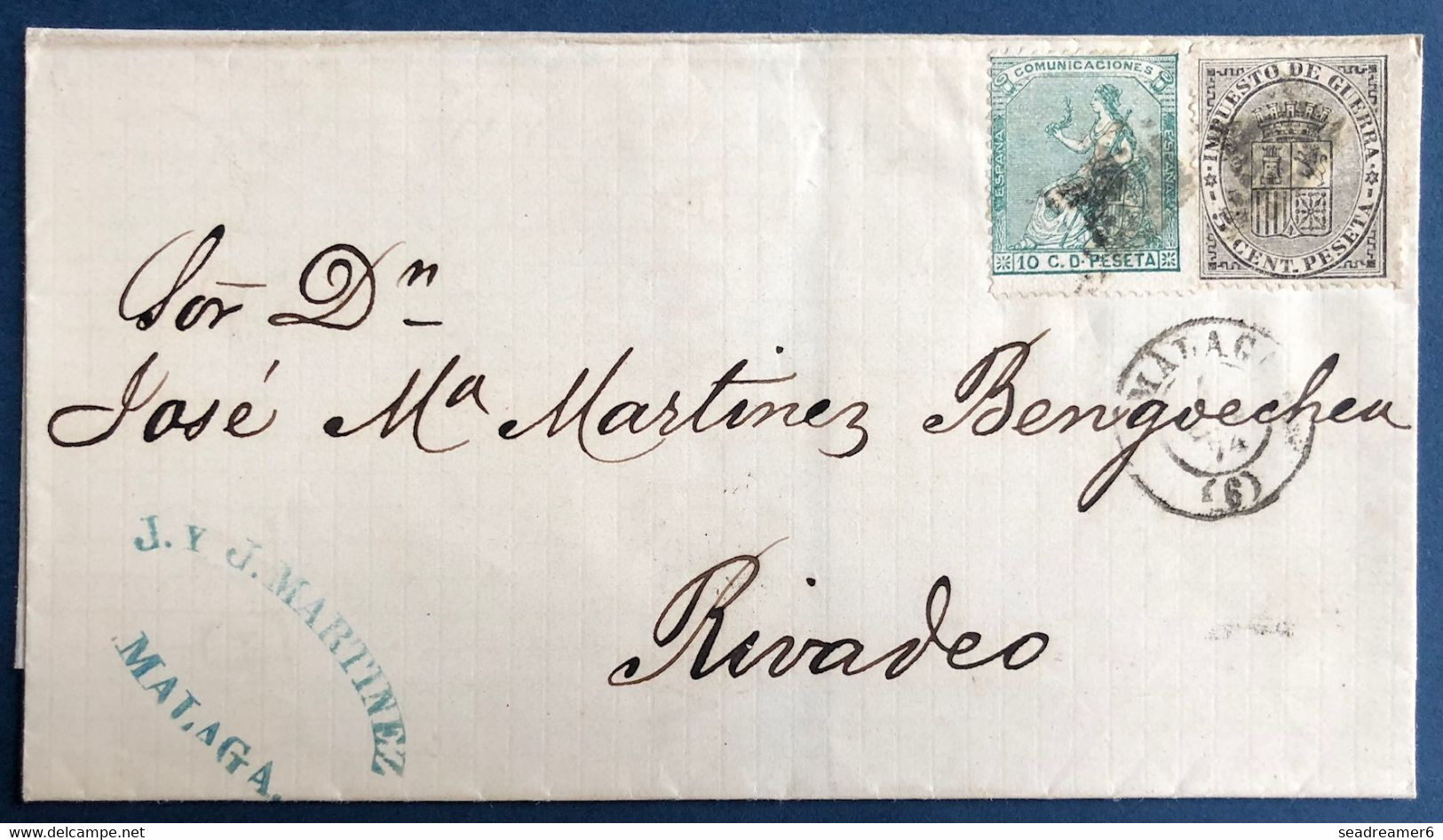 ESPAGNE Lettre De 1874 De MALAGA Avec N°2 Impots De Guerre + N°132 10c Vert Obl Losange Noir Pour RIVADEO TTB - Covers & Documents