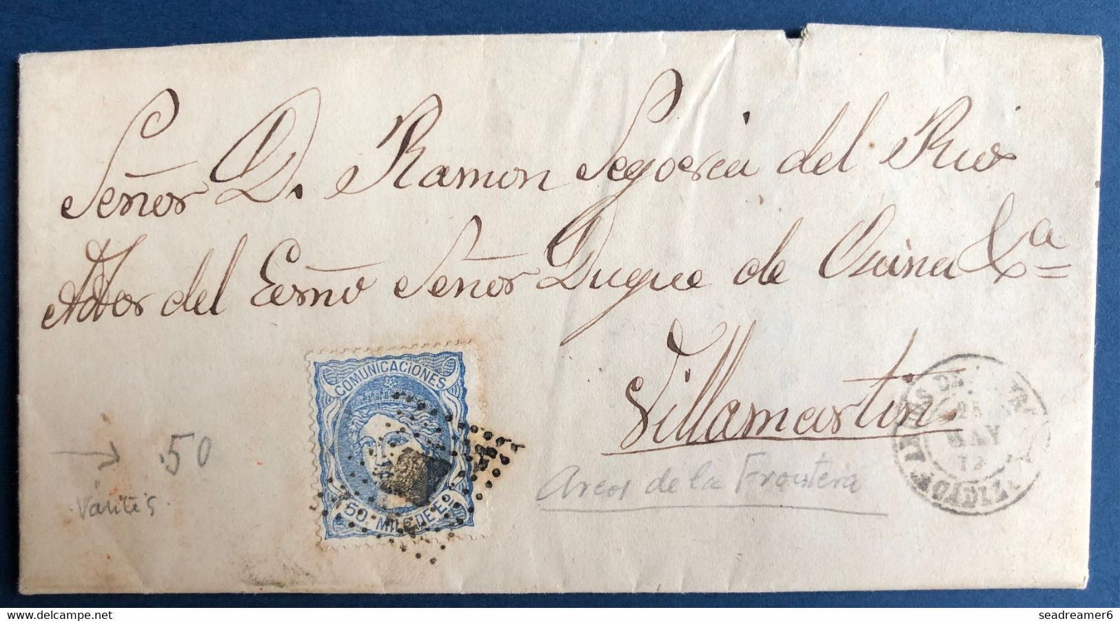 ESPAGNE Lettre De 1872 N°107 (petite Variété Sur Le 5) 50c Outremer D'ARCOS De La Frontera Pour VILLAMARTIN TTB - Brieven En Documenten