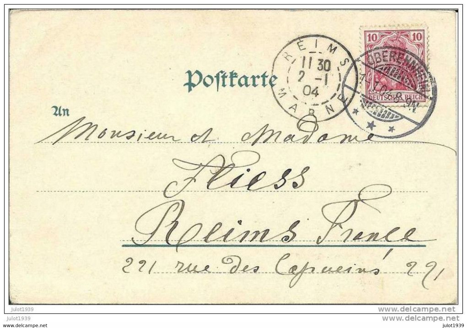 OBEREHNHEIM ..-- OBERNAI ..-- 1904 Vers REIMS ( Mr Mme FLIESS ) . Voir Verso . - Obernai