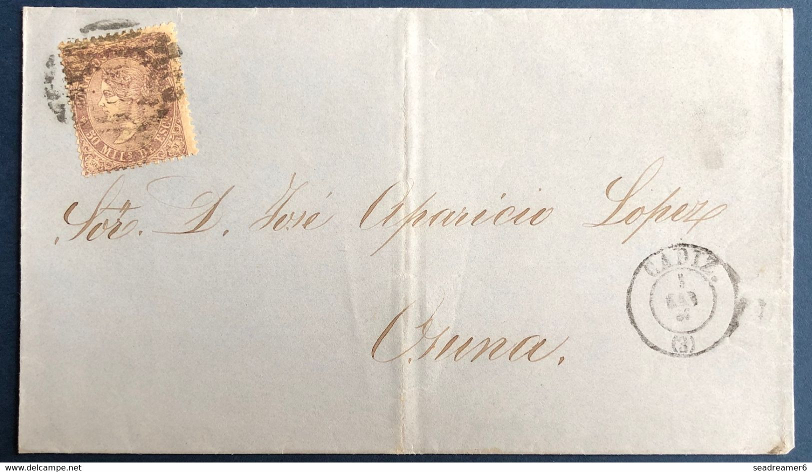 ESPAGNE Lettre De 1868 N°98 50c Violet Obl GC De CADIZ Pour OSUNA TTB - Cartas & Documentos