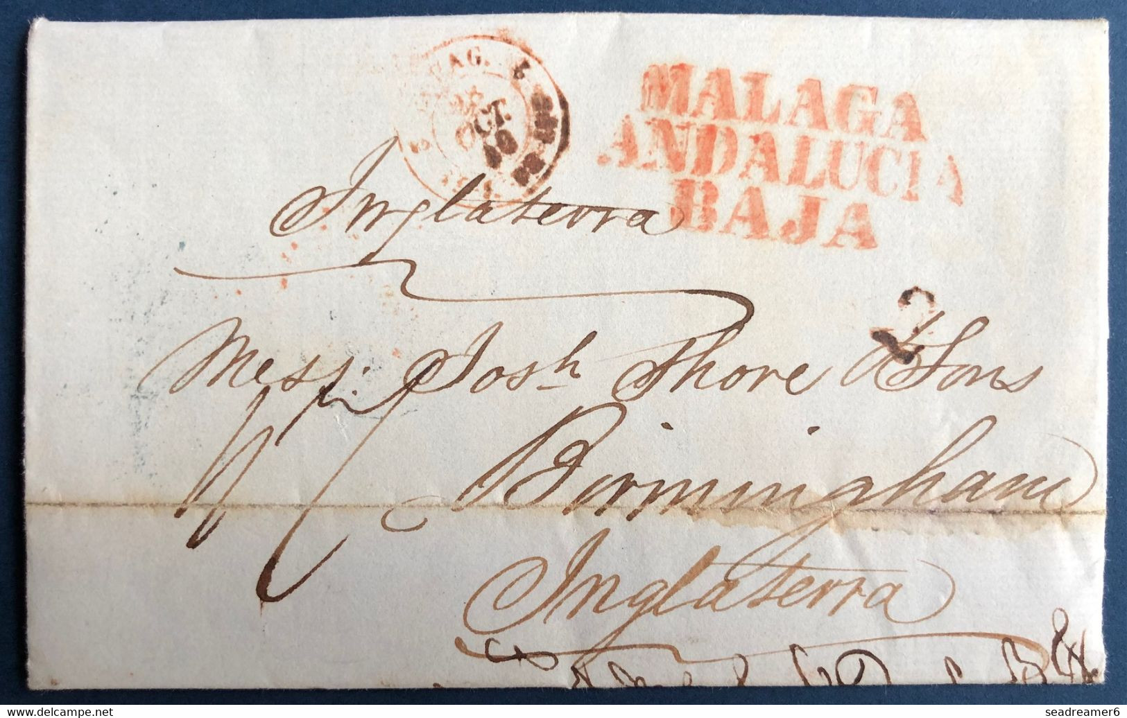ESPAGNE Lettre 20/10 1840 De MALAGA Griffe Rouge " MALAGA ANDALUCIA BAJA " Pour Angleterre + Dateur D'entrée FRANCE SUP - ...-1850 Prefilatelia