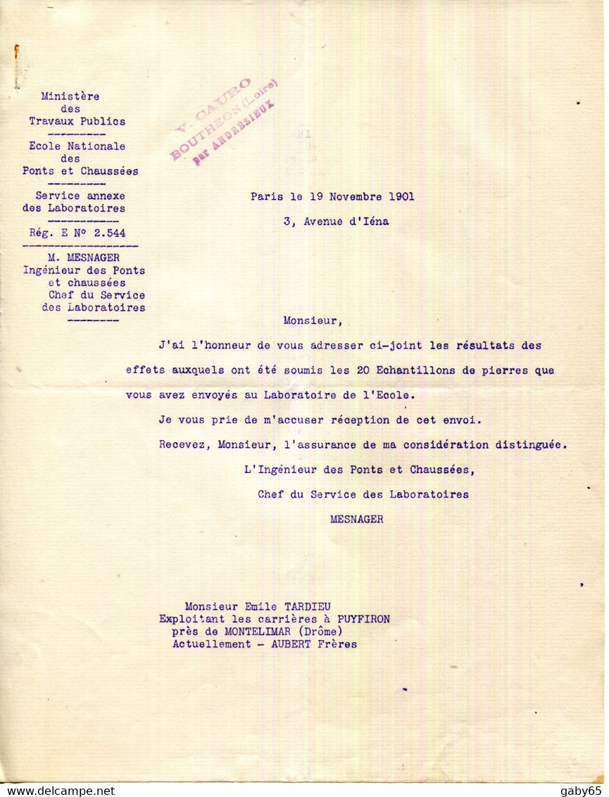 FACTURE.26.DROME.PUYGIRON.ESSAIS DE RESISTANCE DE LA PIERRE DES CARRIERES DE M.EMILE TARDIEU.4 PIECES. - Non Classés