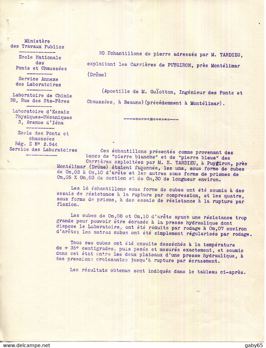 FACTURE.26.DROME.PUYGIRON.ESSAIS DE RESISTANCE DE LA PIERRE DES CARRIERES DE M.EMILE TARDIEU.4 PIECES. - Non Classés