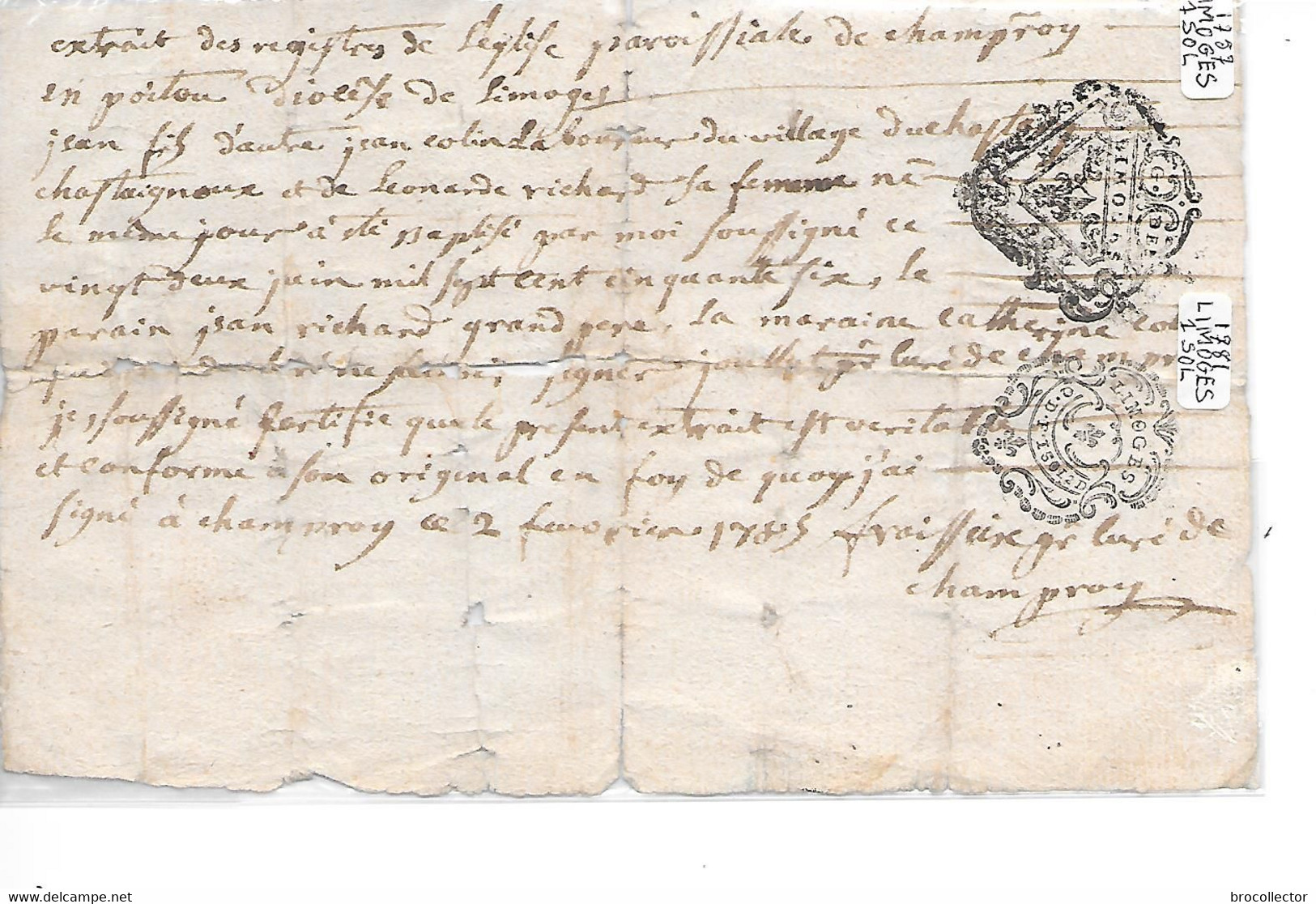 - Généralité De LIMOGES Un Sol 1757 Et 1781 - Une Demi Feuille - Cachets Généralité