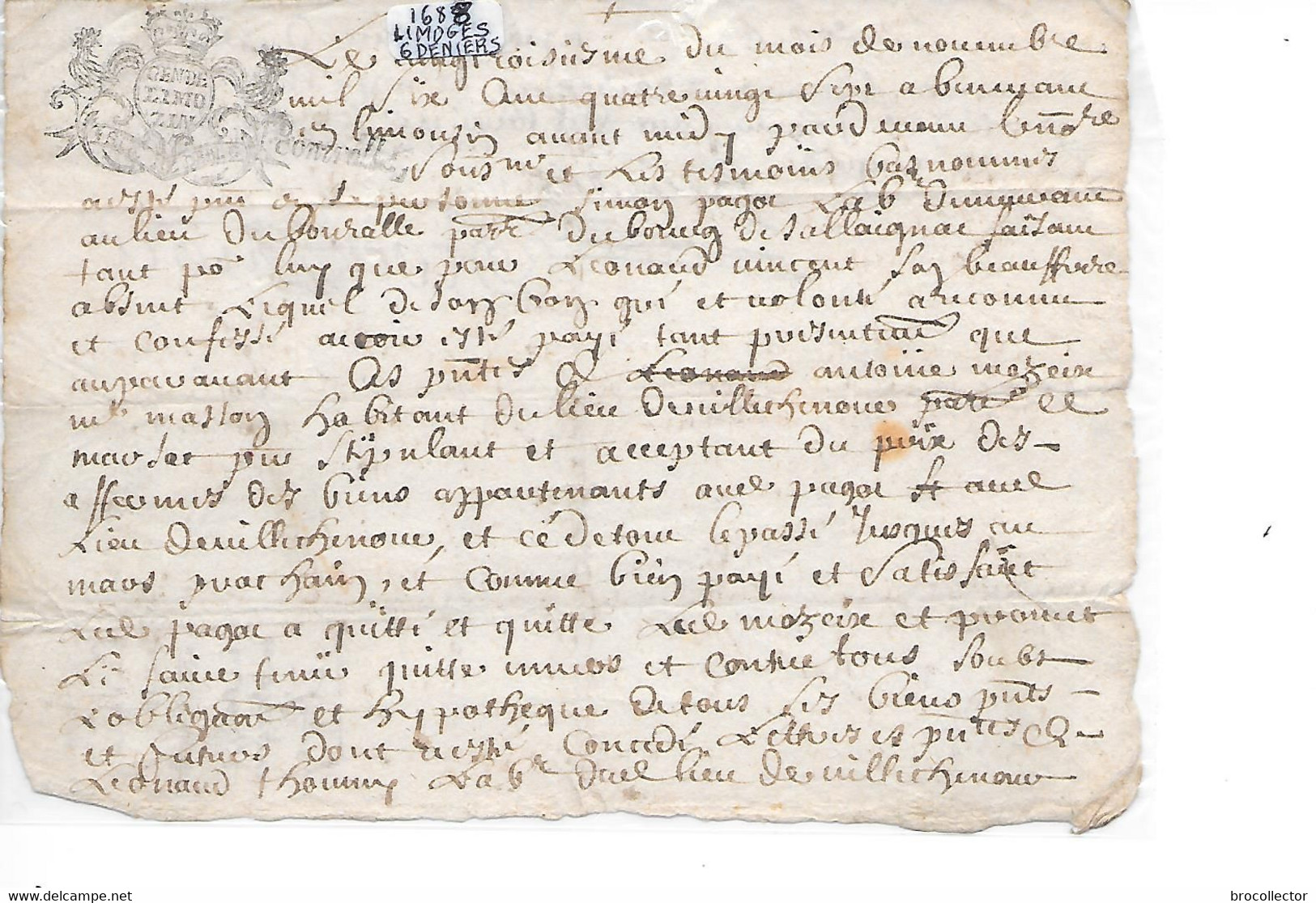 - Généralité De LIMOGES Six Deniers 1688 - Une Demi Feuille - Cachets Généralité