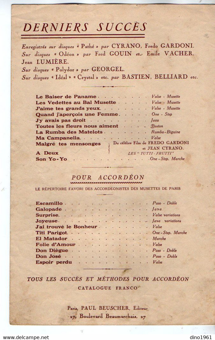 VP19.229 - PARIS - Ancienne Partition Musicale ¨ Un Tango De Paname ¨ Par Colette BETTY / Paroles De CAROL & DELAMARE - Spartiti