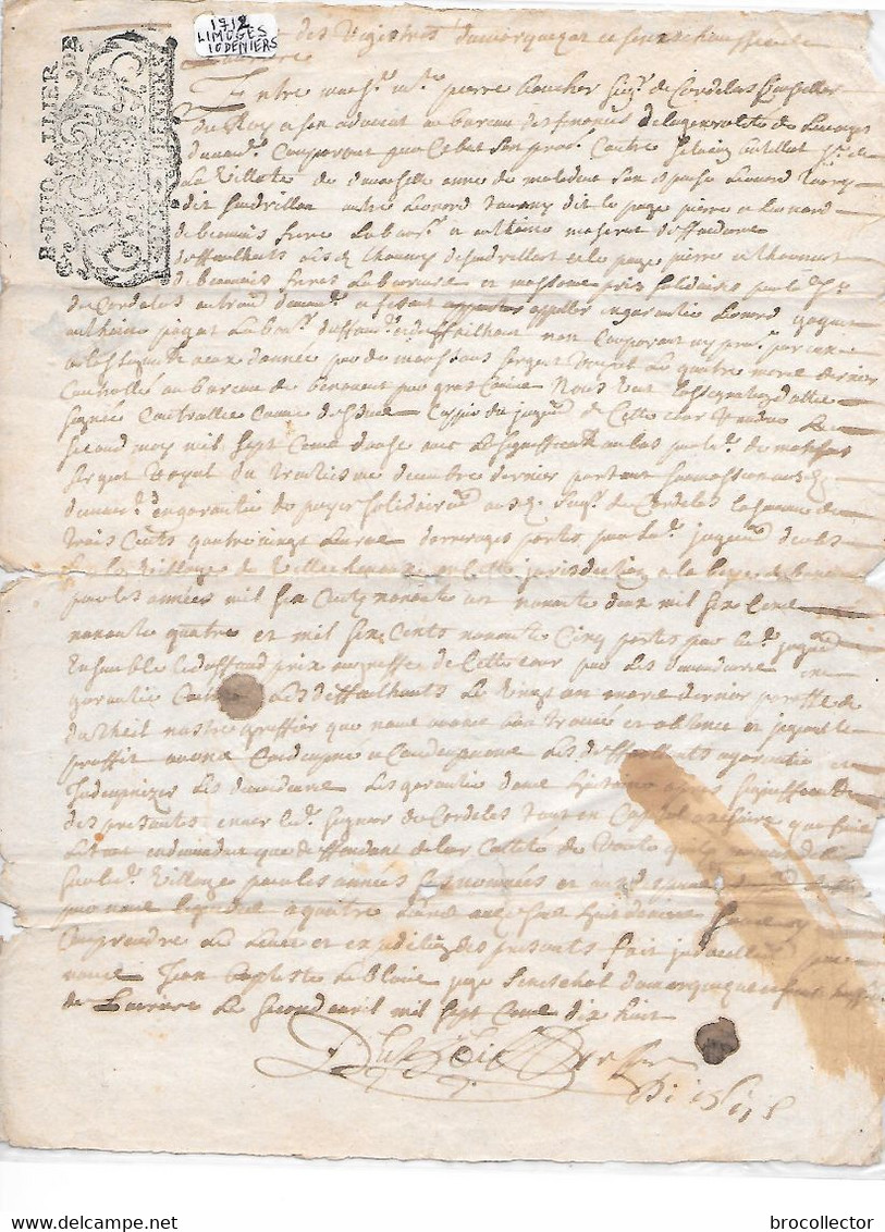 - Généralité De LIMOGES Dix Deniers 1712 Et 1718 - Une Feuille - Voir Au Verso ( Ro Vo - 2 Cachets ) - Cachets Généralité