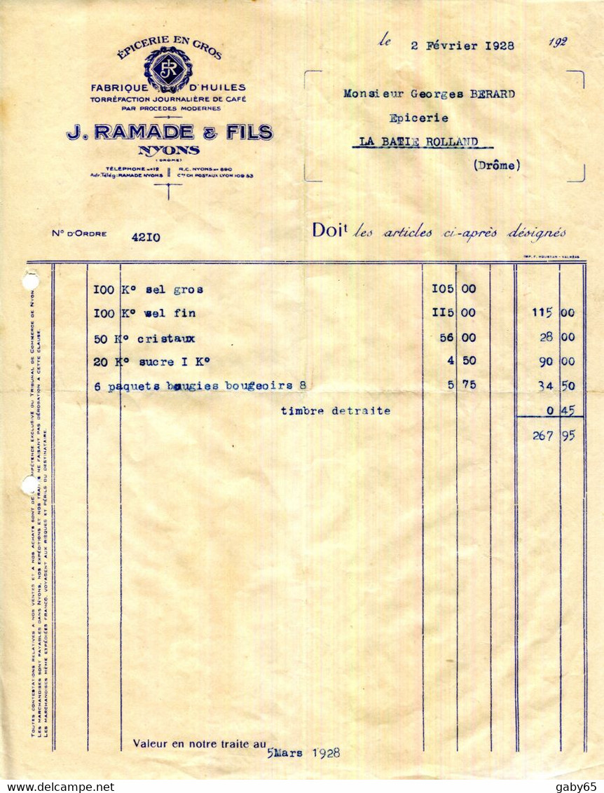 FACTURE.26.DROME.NYONS.EPICERIE.FABRIQUE D'HUILE.TORREFACTION DE CAFE.J.RAMADE & FILS. - Elektriciteit En Gas