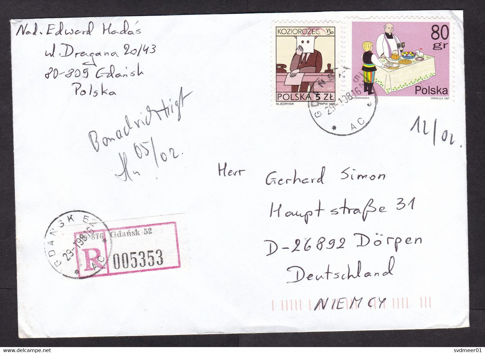 Poland: Registered Cover To Germany, 1998, 2 Stamps, Food, Pie, Cooking, R-label (minor Damage) - Cartas & Documentos