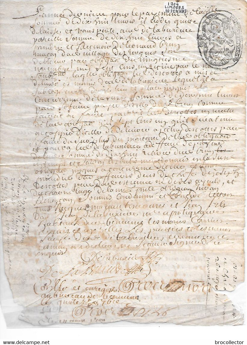 - Généralité De LIMOGES Dix Deniers 1703 Et 1704 - Une Feuille - Voir Au Verso ( Ro Vo - 2 Cachets ) - Cachets Généralité