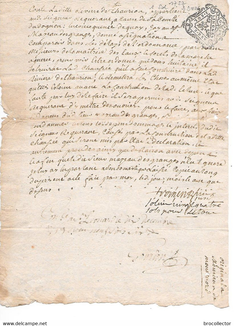 - Généralité De LIMOGES  1 Sol 3 Deniers 1757 - Une Feuille - Cachets Généralité