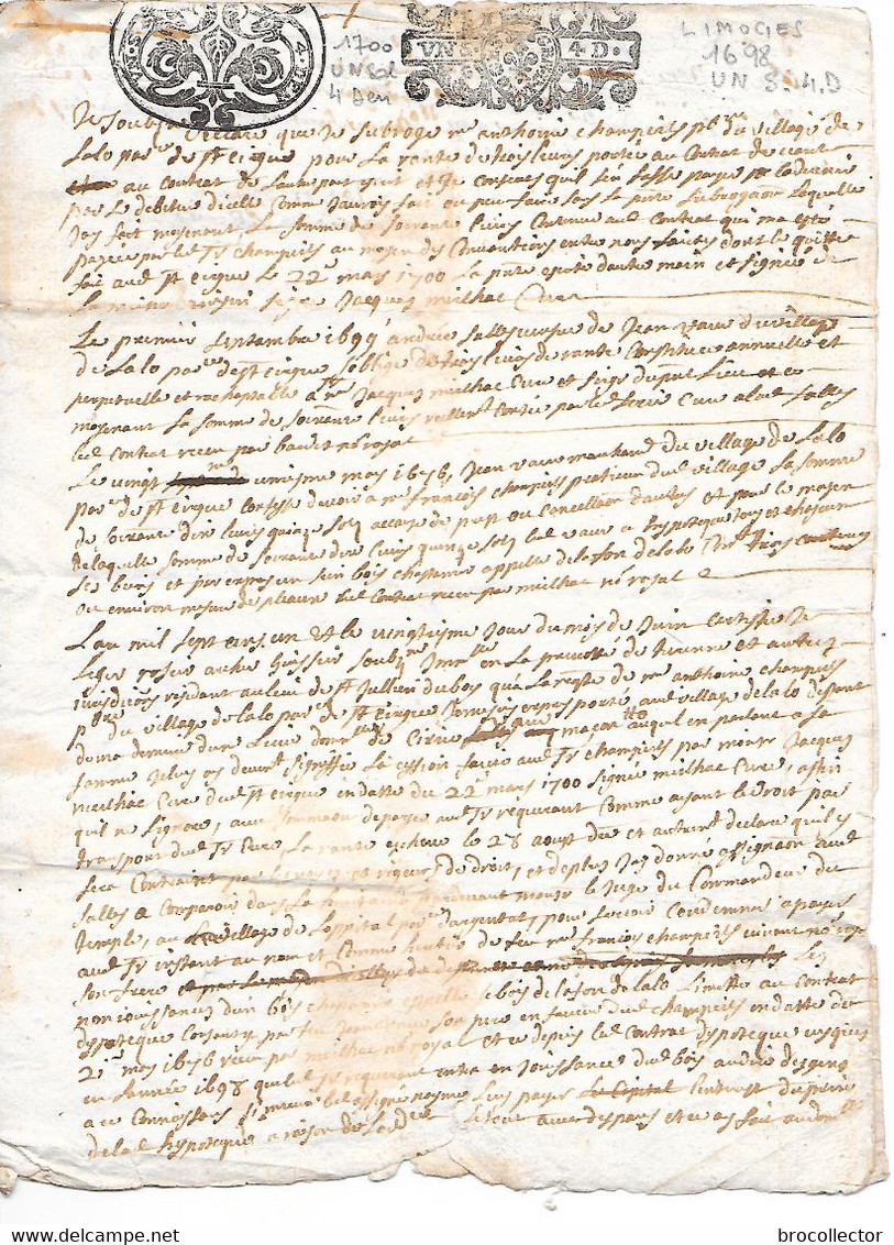 - Généralité De LIMOGES  1 Sol 4 Deniers 1698 Et 1700 - 2 Feuilles - 2 Cachets - Cachets Généralité