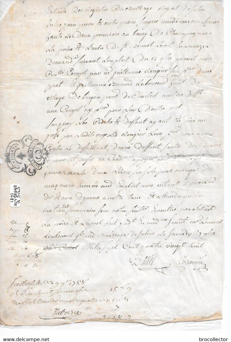 CHAMPAGNAC ( 15 ) - Généralité Auvergne  14 Sol  1781 - Une Feuille - Cachets Généralité