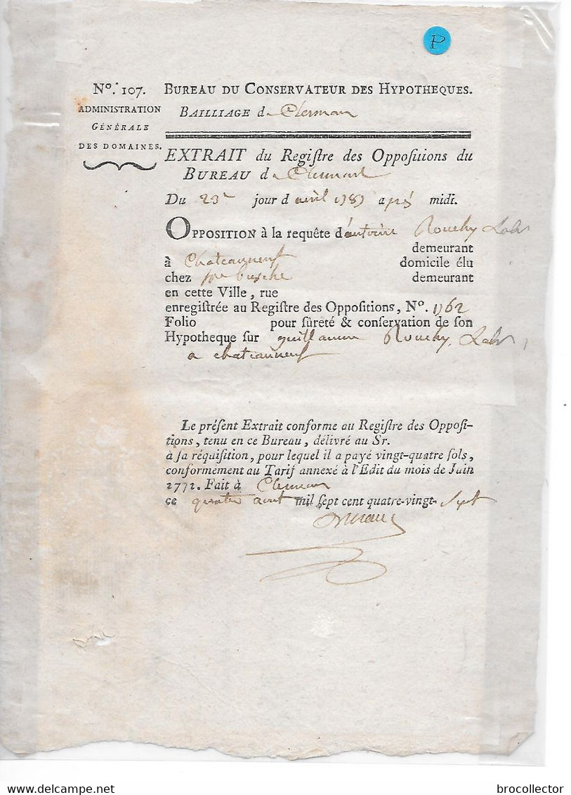 CHATEAUNEUF Les BAINS ( 63 ) - Administration Des Domaines   1787 - Une Feuille - Cachets Généralité