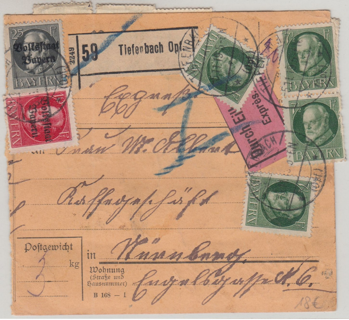 Bayern - 22x7 1/2 Pfg. Ludwig U.a. Eilboten-Paketkarte Tiefenbach Nürnberg 1919 - Autres & Non Classés