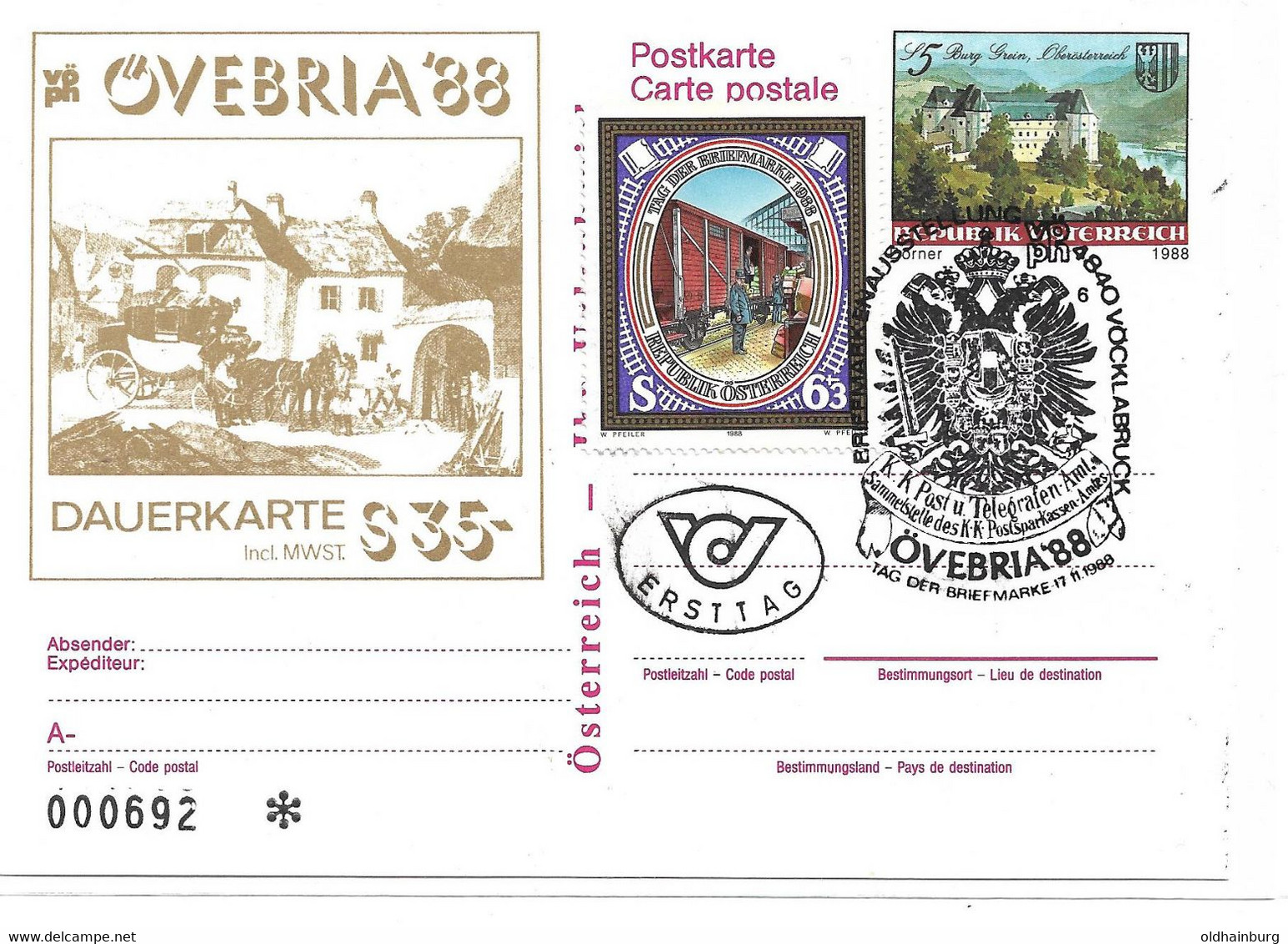 2011a: Postkarte Burg Grein Mit Zudruck Övebria '88, Motiv Postkutsche- Pferde, Gestempelt Sonderstempel 1988 - Perg