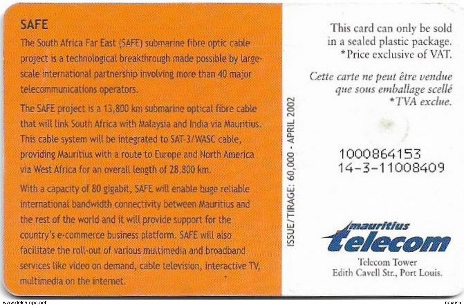 Mauritius - Mauritius Telecom (Chip) - Sat 3 - Safe, Gem5 Red, 04.2002, 55U, 60.000ex, Used - Mauricio