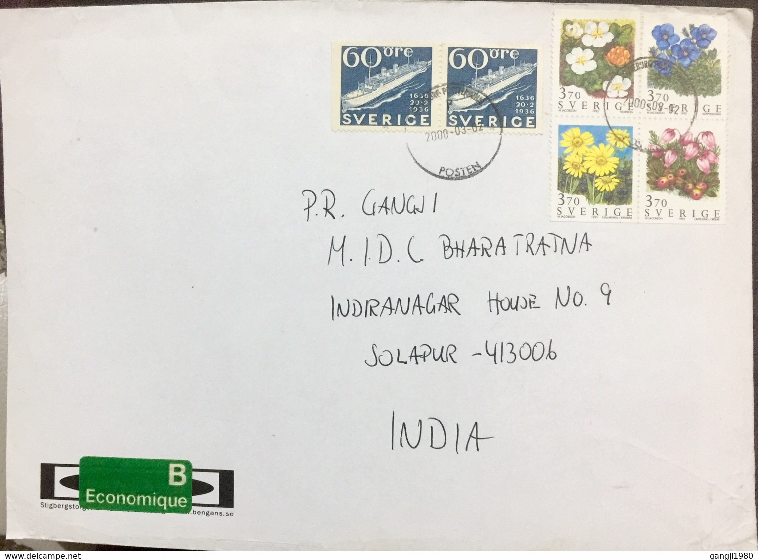 SWEDEN 2000, COVER VIGNETTE ECONOMIQUE GREEN LABEL USED TO INDIA,STAMPS 4 STAMPS FLOWERS BLOCK,SHIP PAIR - Brieven En Documenten